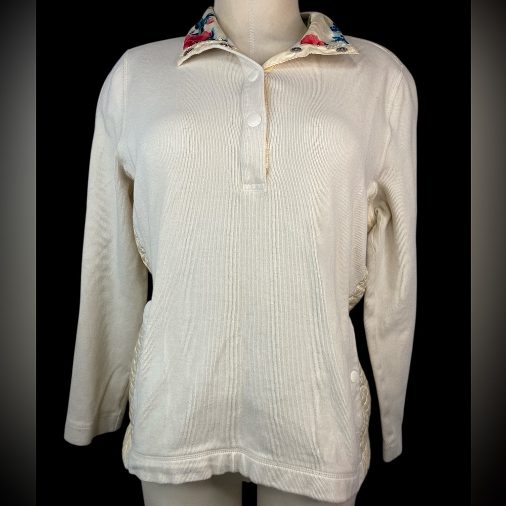 Tommy Bahama Cream Long Sleeve Sweater with Floral Collar Women’s Large